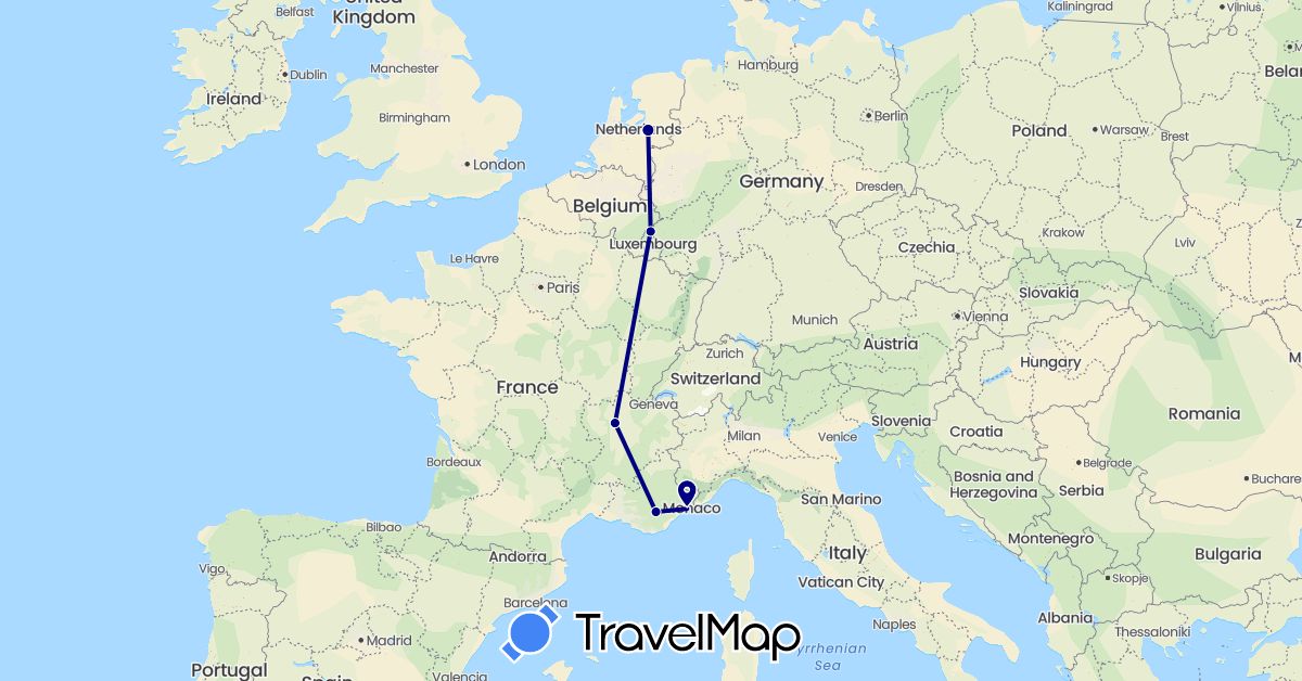 TravelMap itinerary: driving in France, Luxembourg, Netherlands (Europe)